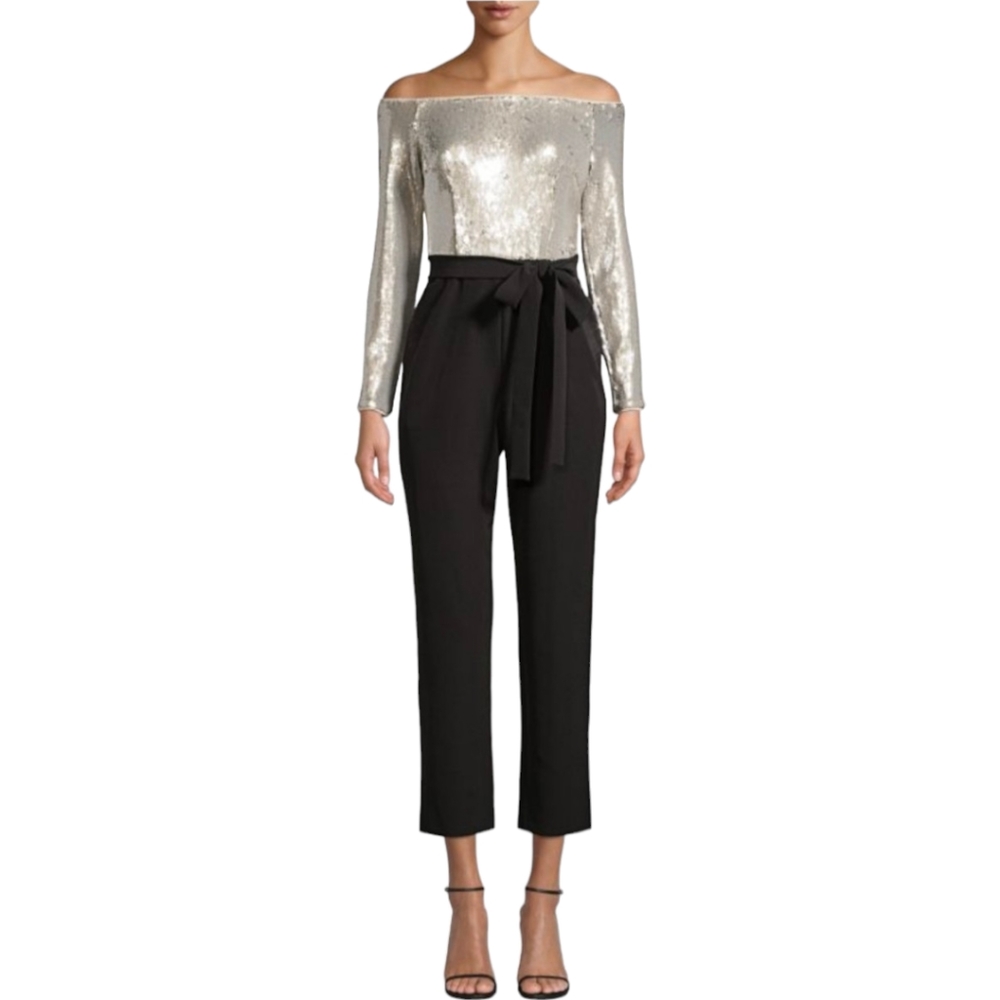 NWT Aiden Mattox Off-The-Shoulder Sequin & Crepe Jumpsuit Black Silver Size 8